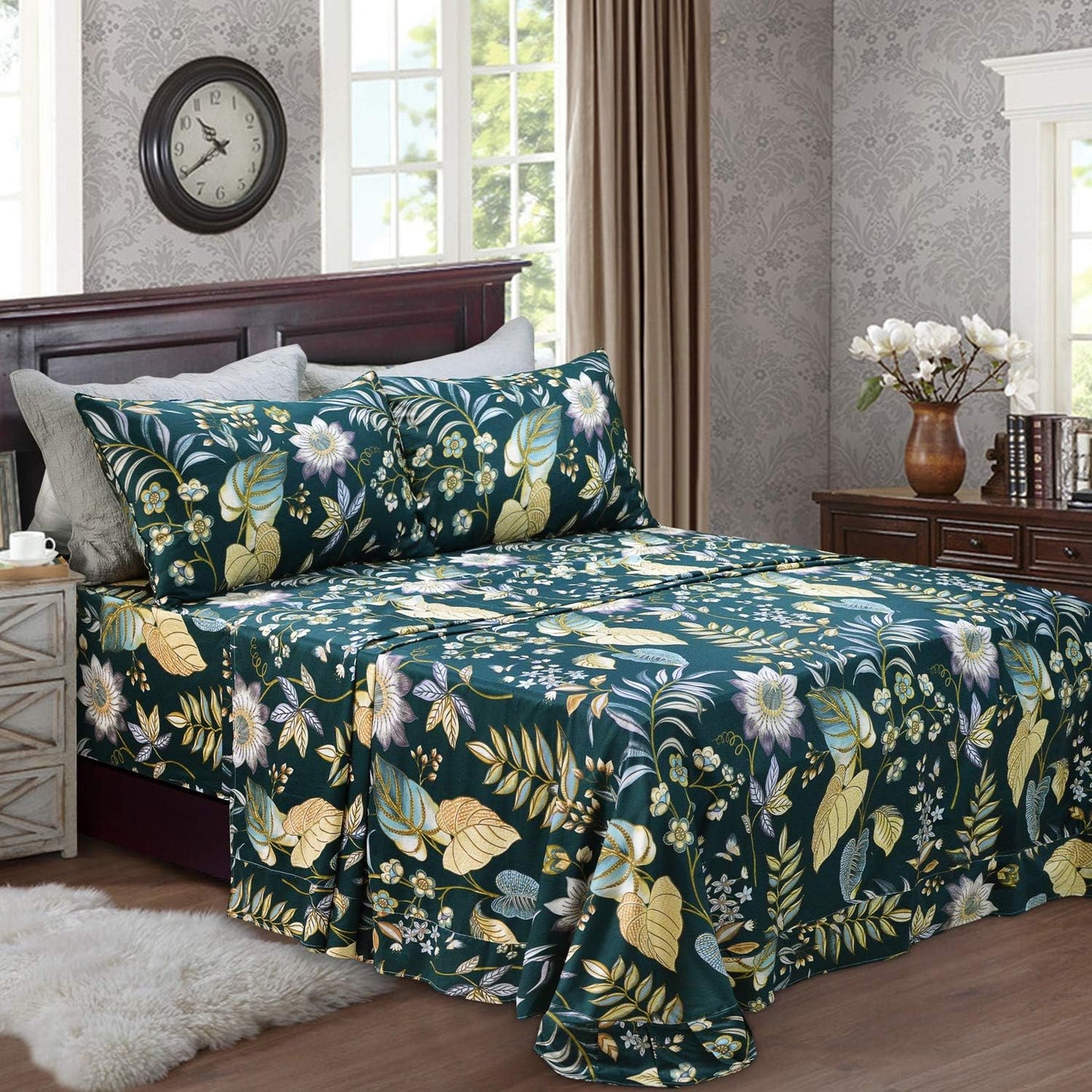 Sheets Set Queen Teal Elegant Floral Sheets Tropical Plam Leave Sunflower Bedding 800 Thread Count Luxury Summer Bedding 100% Egyptian Cotton Deep Pocket Bed Sheets Set, 4 Pieces-Queen Size