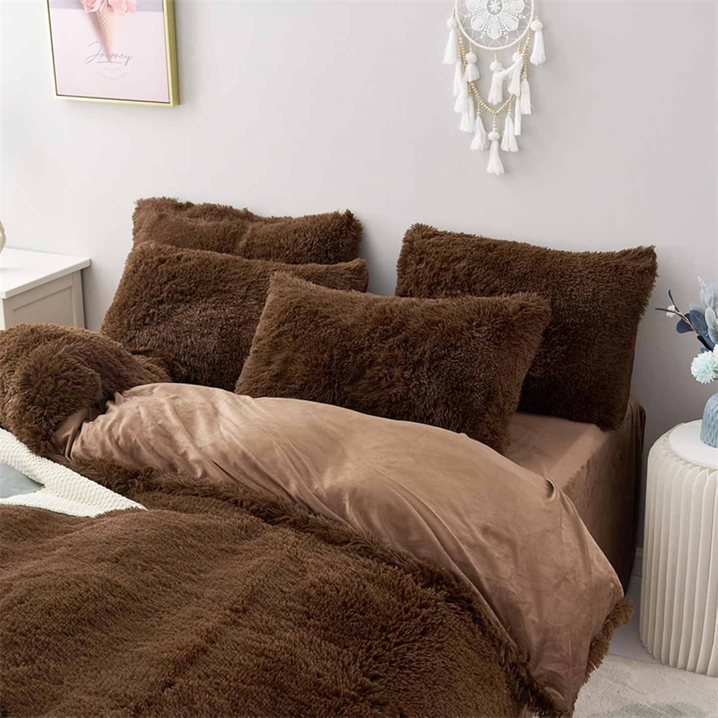 5 PCS Shaggy Duvet Cover Bedding Set - Fluffy Comforter Cover Long Faux Fur Luxury Ultra Soft Cozy (Brown, King/California King)