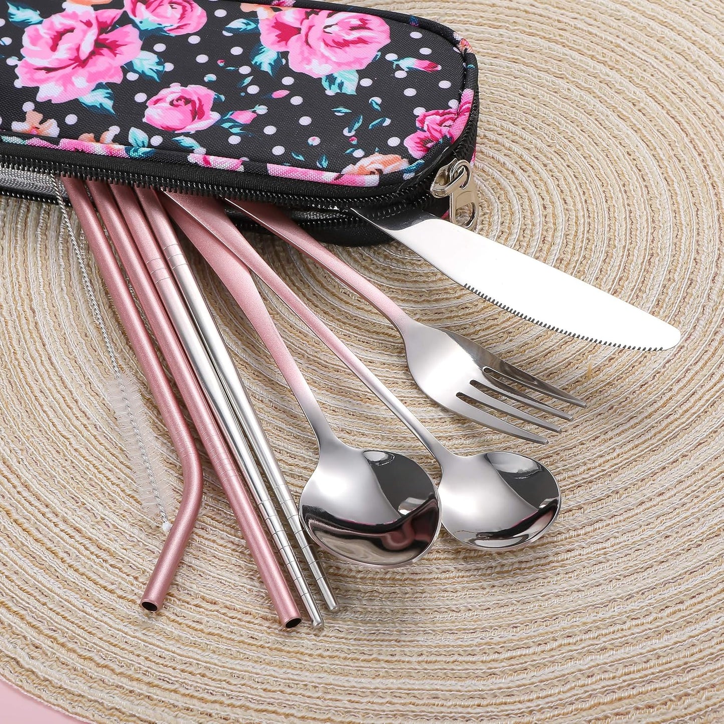 Travel Utensils,Reusable Silverware Set to Go Portable Cutlery Set with a Waterproof Carrying Case for Lunch Boxes Workplace Camping Picnic (Grapink)