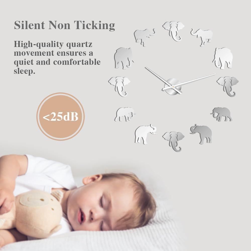 Jungle Animals Elephant DIY Large Wall Clock Home Decor Modern Design Mirror Effect Giant Frameless Elephants DIY Clock Wall Watch (Silver)