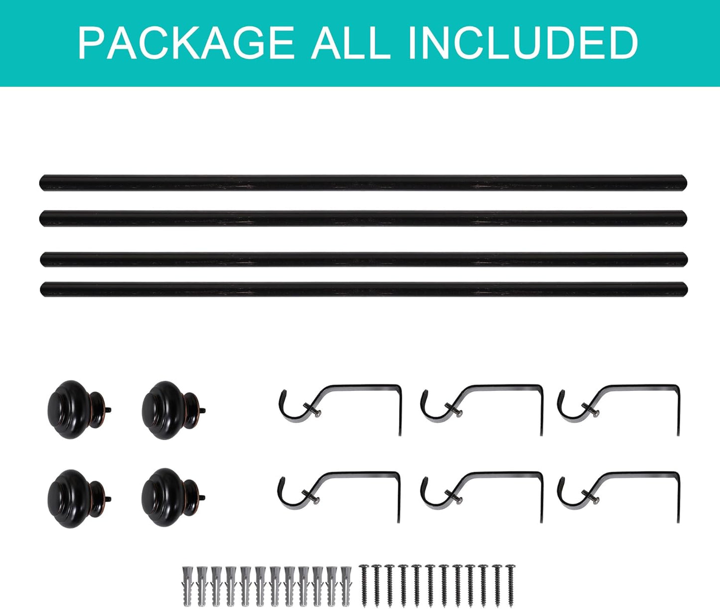 Black Curtain Rods 2 Pack Window Curtain Rods for Windows 48 to 84 Inch 3/4 Inch Adjustable Decorative Single Curtain Rod Set, Black with Antique Bronze Finishing, 2 Pack