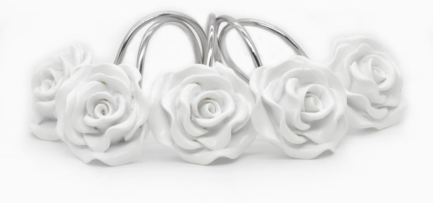 Shower Curtain Hooks, Home Decorative Rustproof Shower Curtain Hooks Resin Rose Flower Shower Hooks Rings for Bathroom Shower Rods Curtains,Set of 12 Hooks (White)