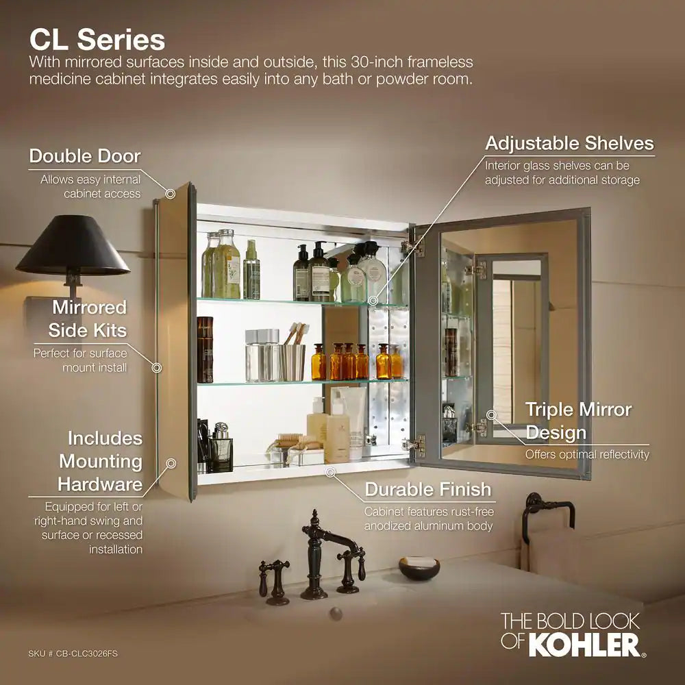 30 In. W X 26 In. H Beveledtwo-Door Recessed or Surface Mount Medicine Cabinet with Mirror Interior