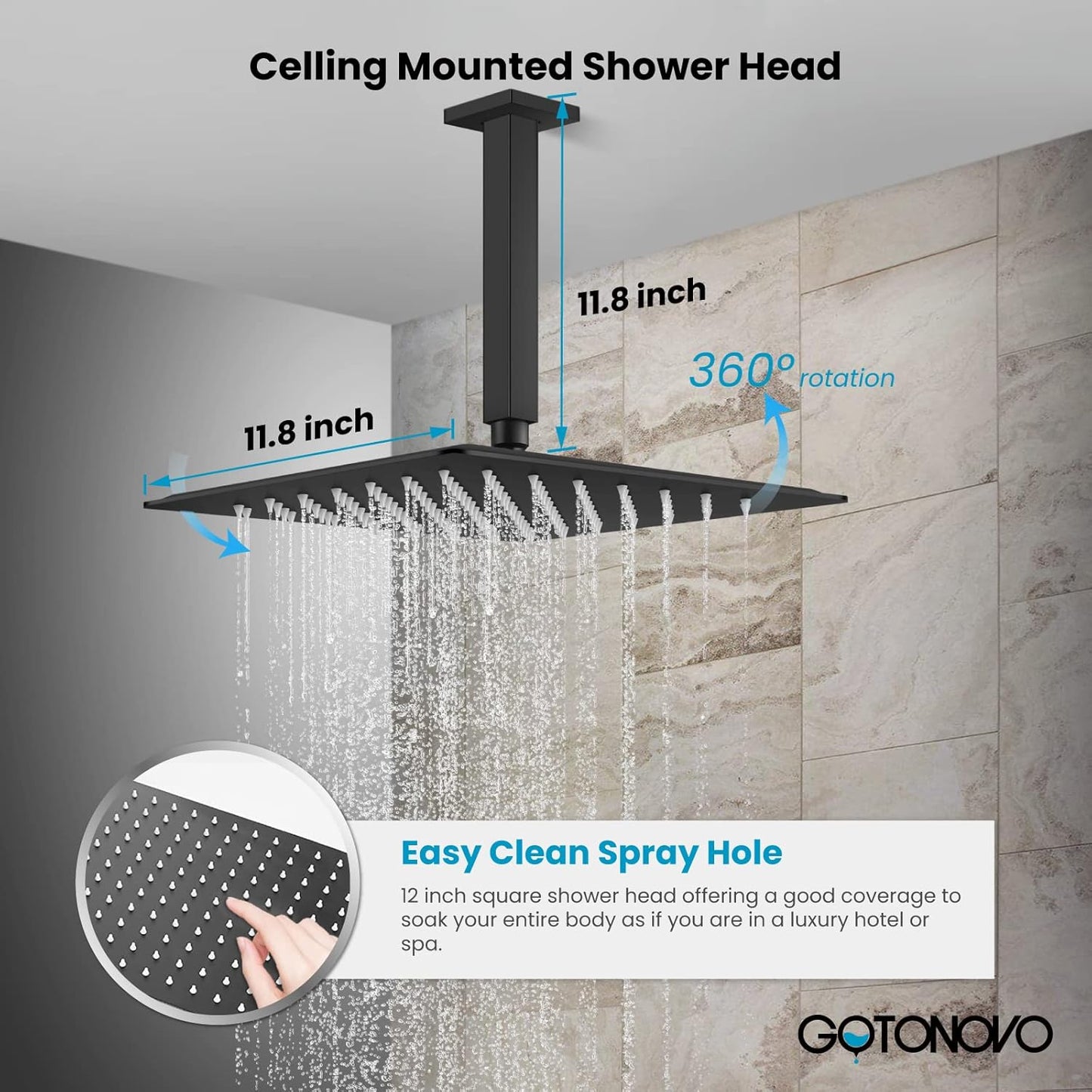 Ceiling Mount Rain Shower Faucet Set with 4 Body Spray Jets Rainfall Shower Head and Handheld Sprayer Multi Shower System Rough-In Valve and Trim Included 12 Inch Shower Head,Matte Black