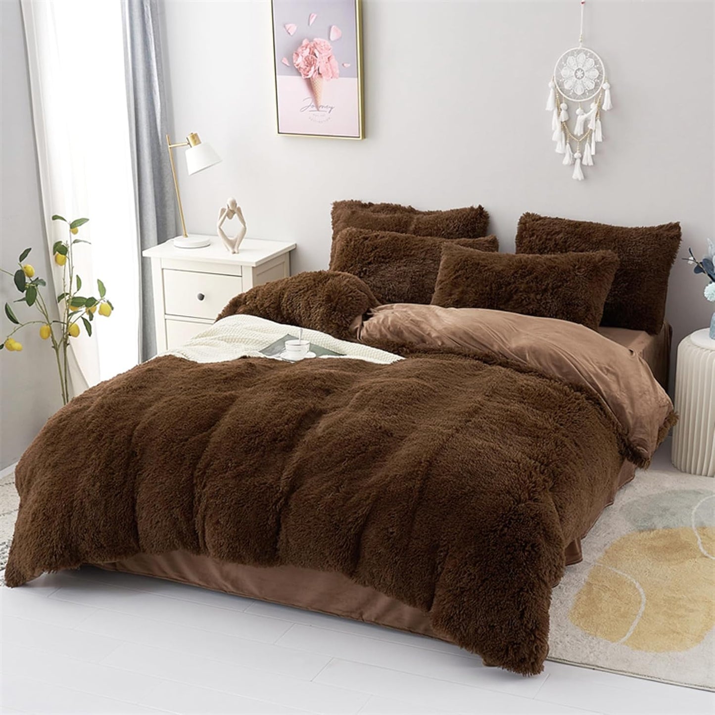 5 PCS Shaggy Duvet Cover Bedding Set - Fluffy Comforter Cover Long Faux Fur Luxury Ultra Soft Cozy (Brown, King/California King)
