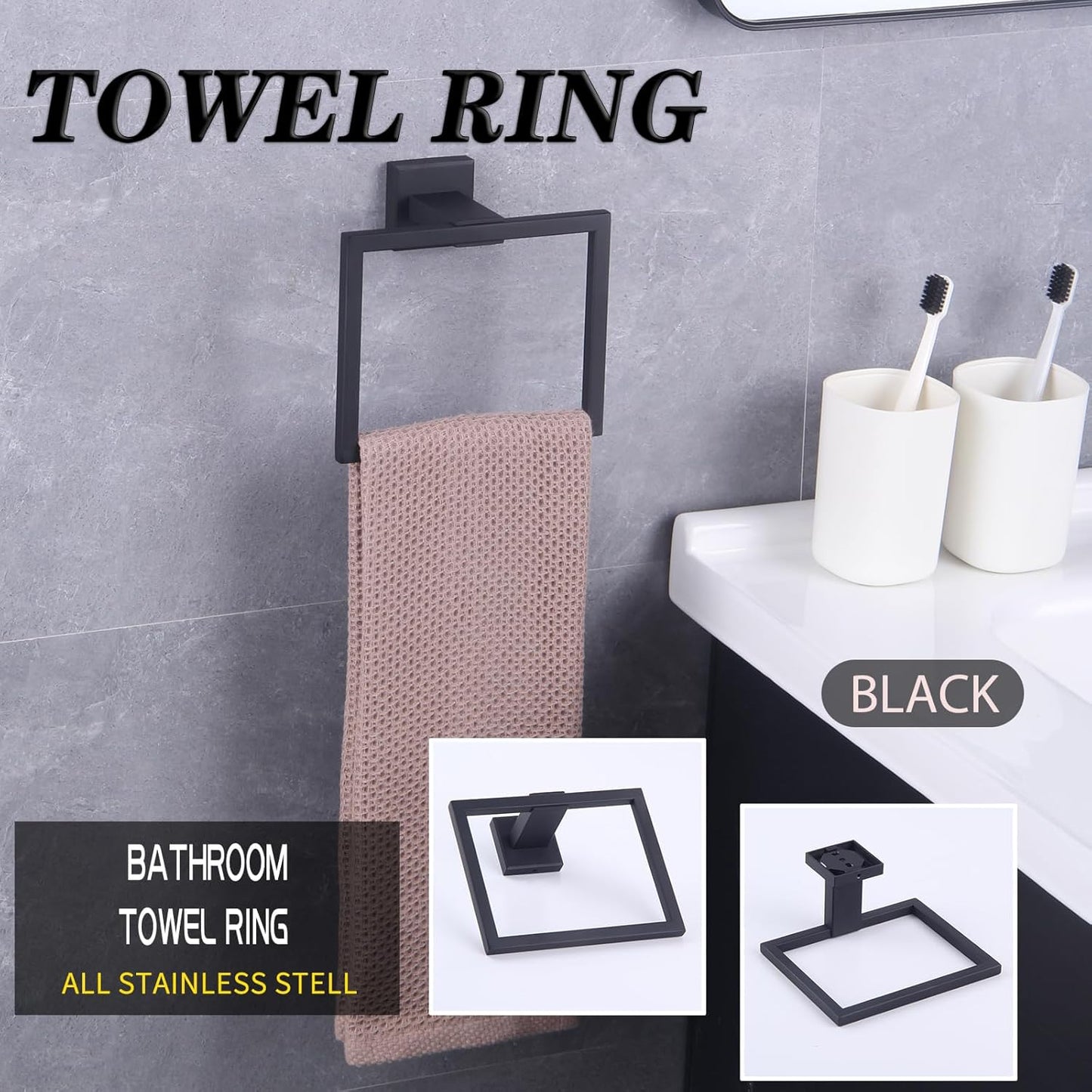 Modern Black Towel Holder SUS304 Stainless Steel Towel Hanger Towel Ring for Bathroom Lavatory Wall Mount Contemporary Style JG1906-BK