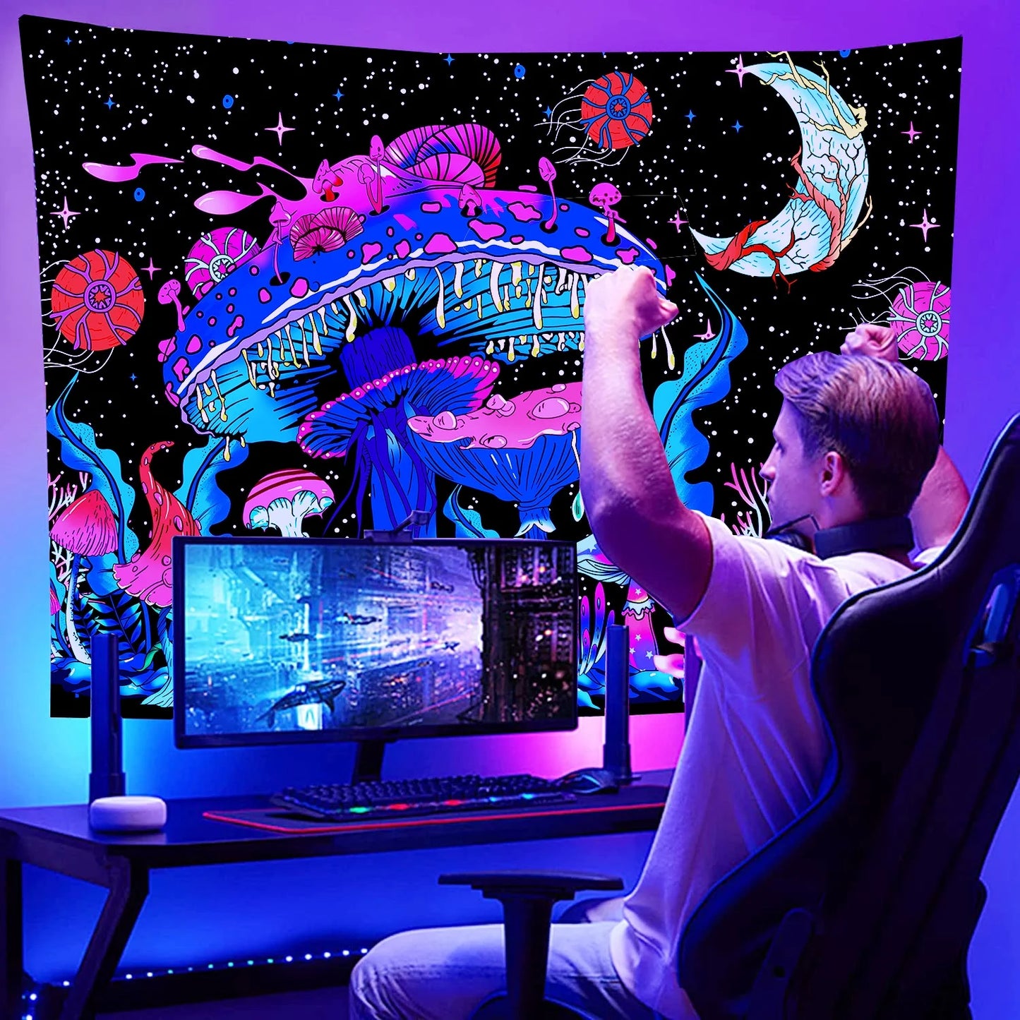 Blacklight Mushroom Tapestry Wall Tapestry Monster Tapestry Wall Hanging for Bedroom, Living Room,91"X71"