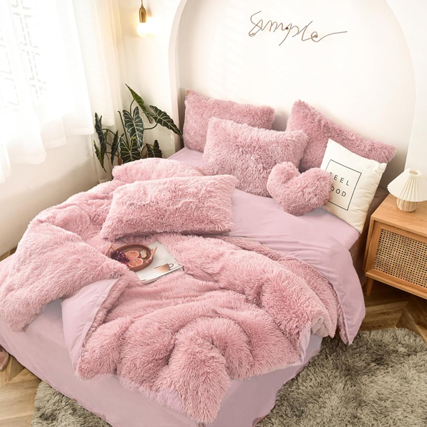 5 PCS Shaggy Duvet Cover Bedding Set - Fluffy Comforter Cover Long Faux Fur Luxury Ultra Soft Cozy (Blush, King/California King)