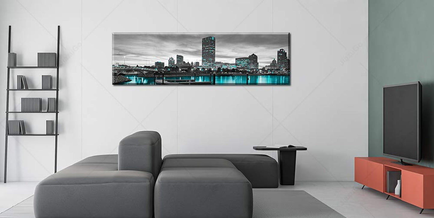 Milwaukee Cityscape Skyline Canvas Wall Art for Living Room Black and White W...