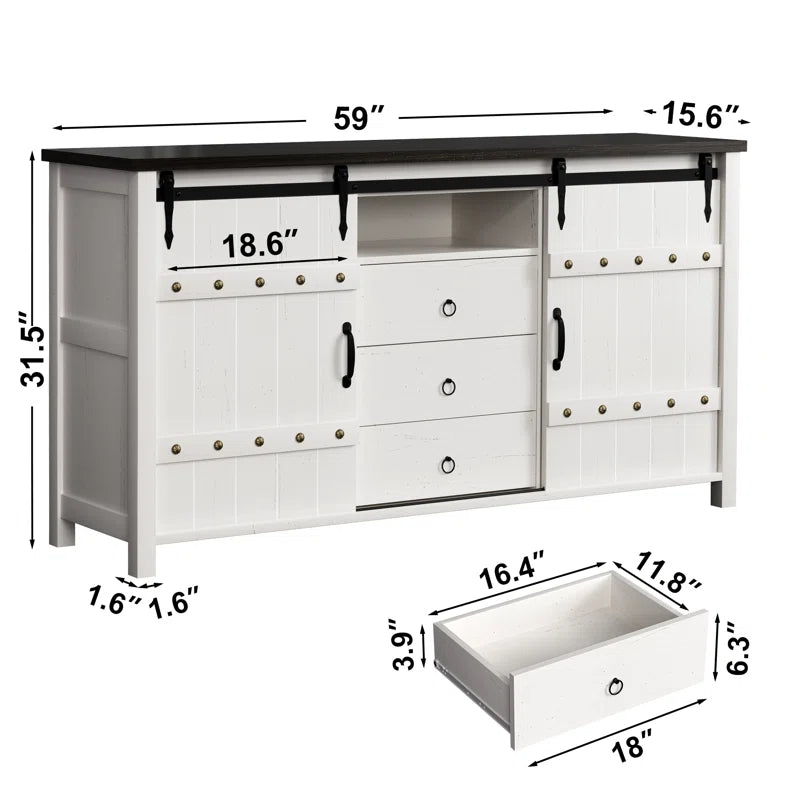 Wynny Farmhouse Wood Dresser with 3 Drawer and 2 Barn Door