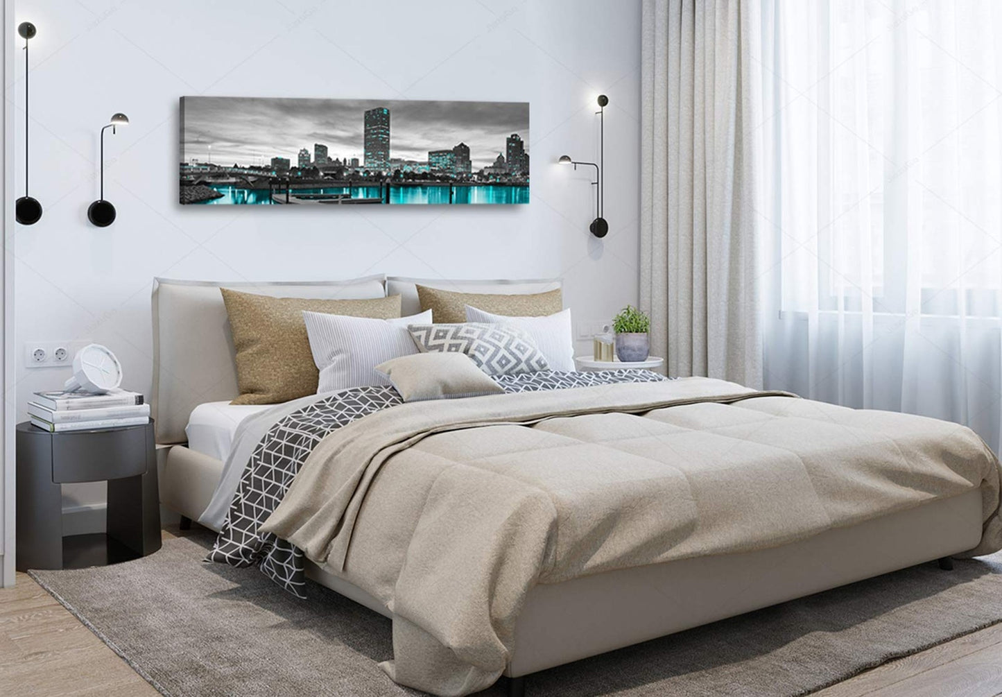 Milwaukee Cityscape Skyline Canvas Wall Art for Living Room Black and White W...