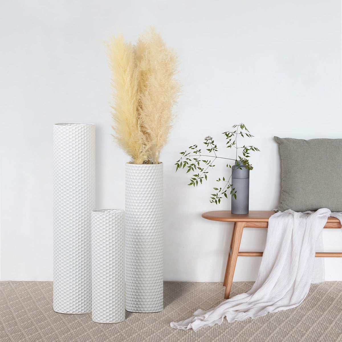 White Tall Floor Vase Set of 3, Metal Cylinder Vases for Corner, 27.6In