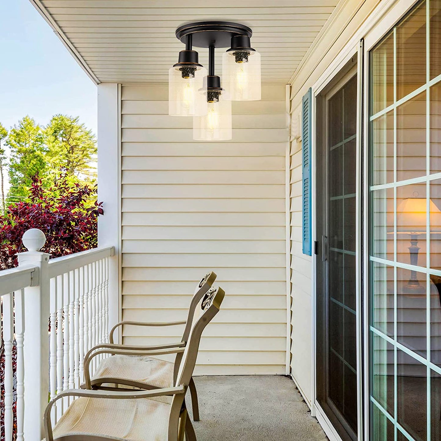 Semi Flush Mount Ceiling Light, 3-Light Close to Ceiling Light Fixtures, Vintage Oil-Rubbed Bronze Finish with Clear Seeded Glass Shade Chandelier Lighting for Stairs Porch Hallway Entryway Kitchen