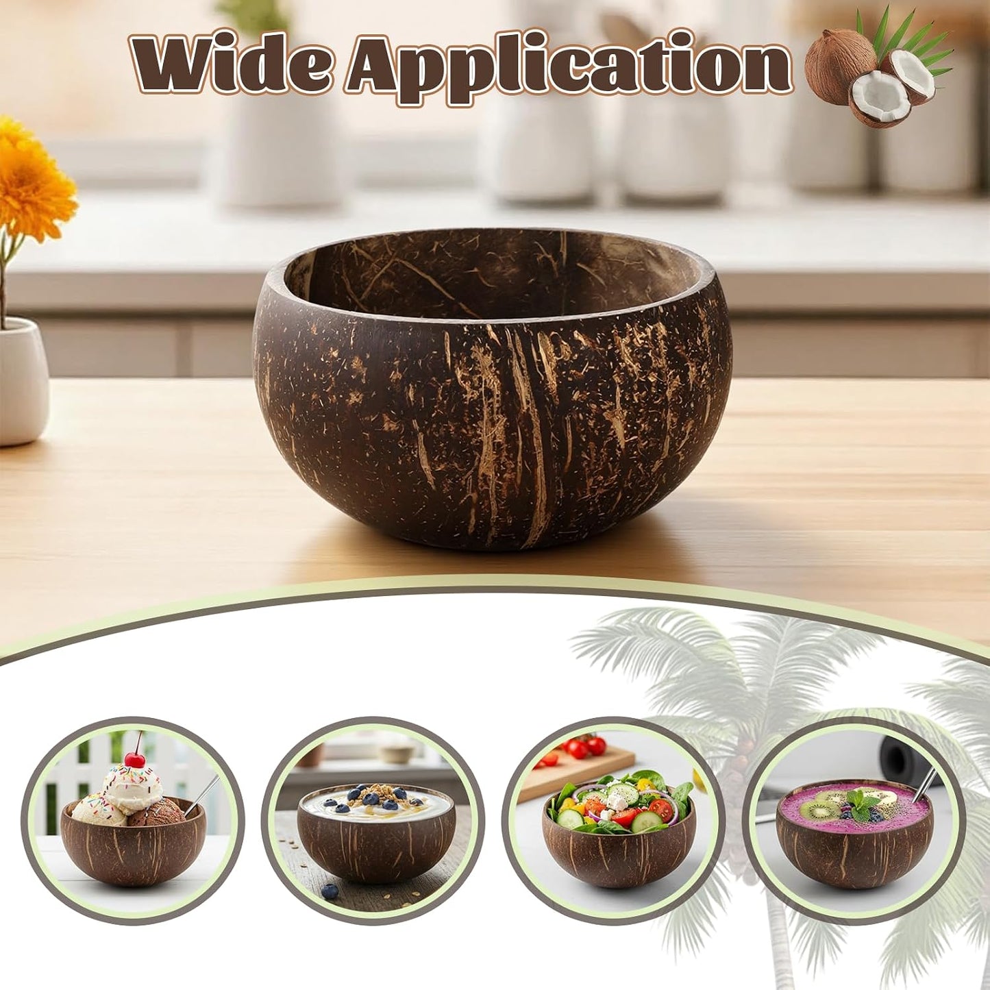 14 PCS Natural Coconut Shell Bowls, Polished Coconut Bowls, Polished Wooden Bowl for Acai Organic Salad Vegan Gifts Rustic Kitchen Decor, Diameter 3.7-4.5 Inch