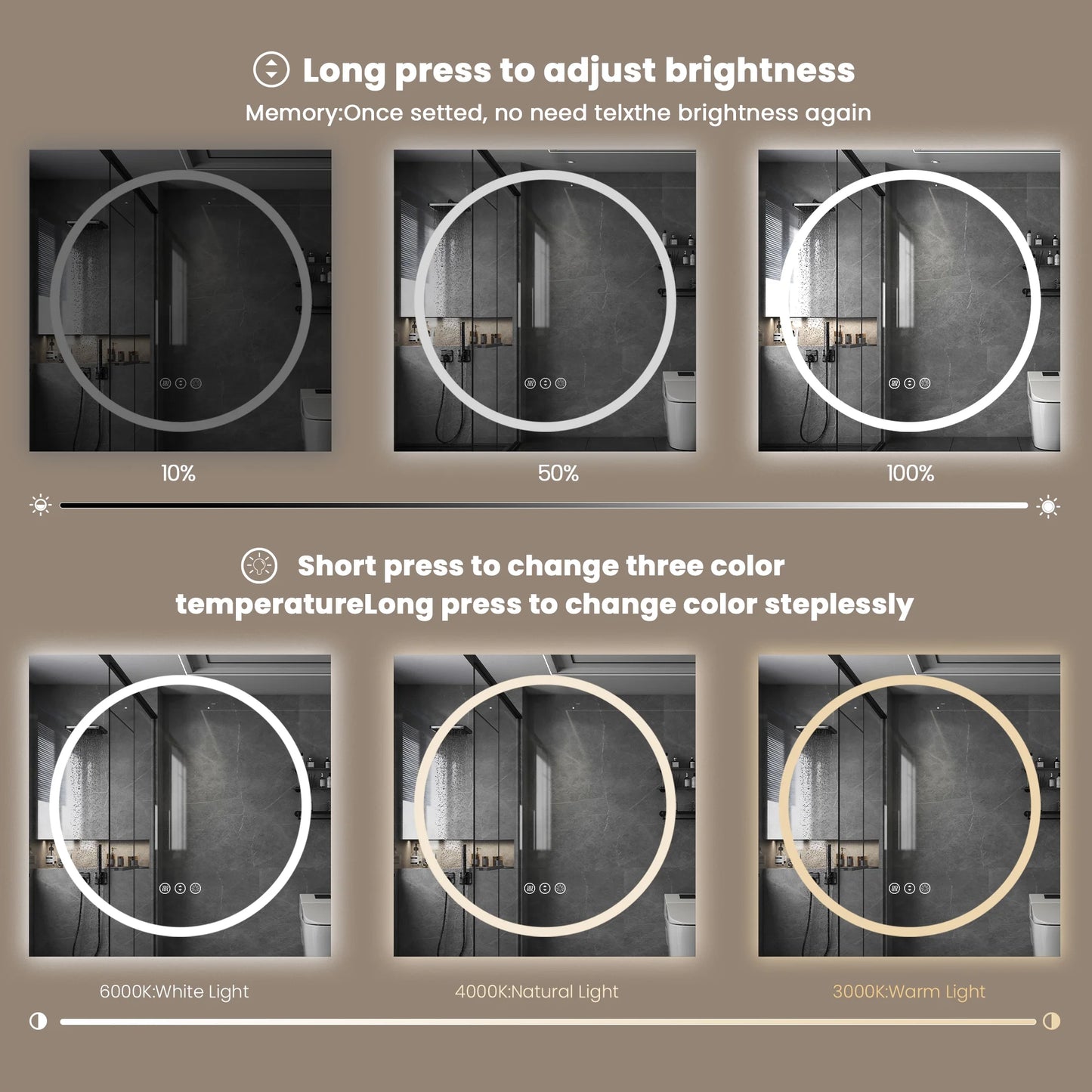 Double-Layer LED Bathroom Mirror 36X36 Inch,Wall Mirrors with Anti-Fog Vanity Mirror ,Shatter-Proof,Memory Makeup Mirror with LED Lights
