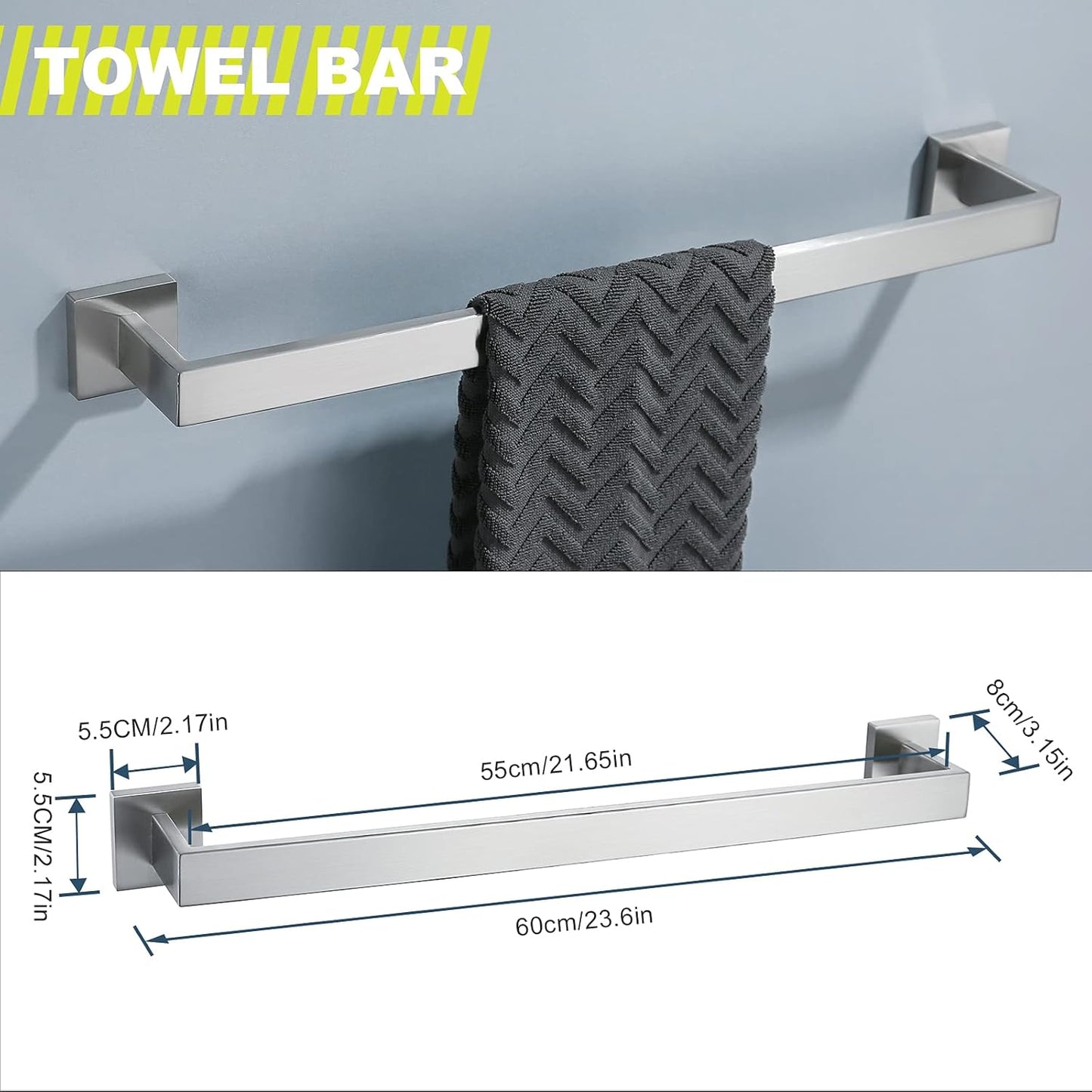Brushed 4-Piece Bathroom Hardware Set Premium Stainless Steel Bath Towel Bar Sets Wall Mounted Square Bathroom Accessories Kit, 23.6 Inch Brushed Nickel