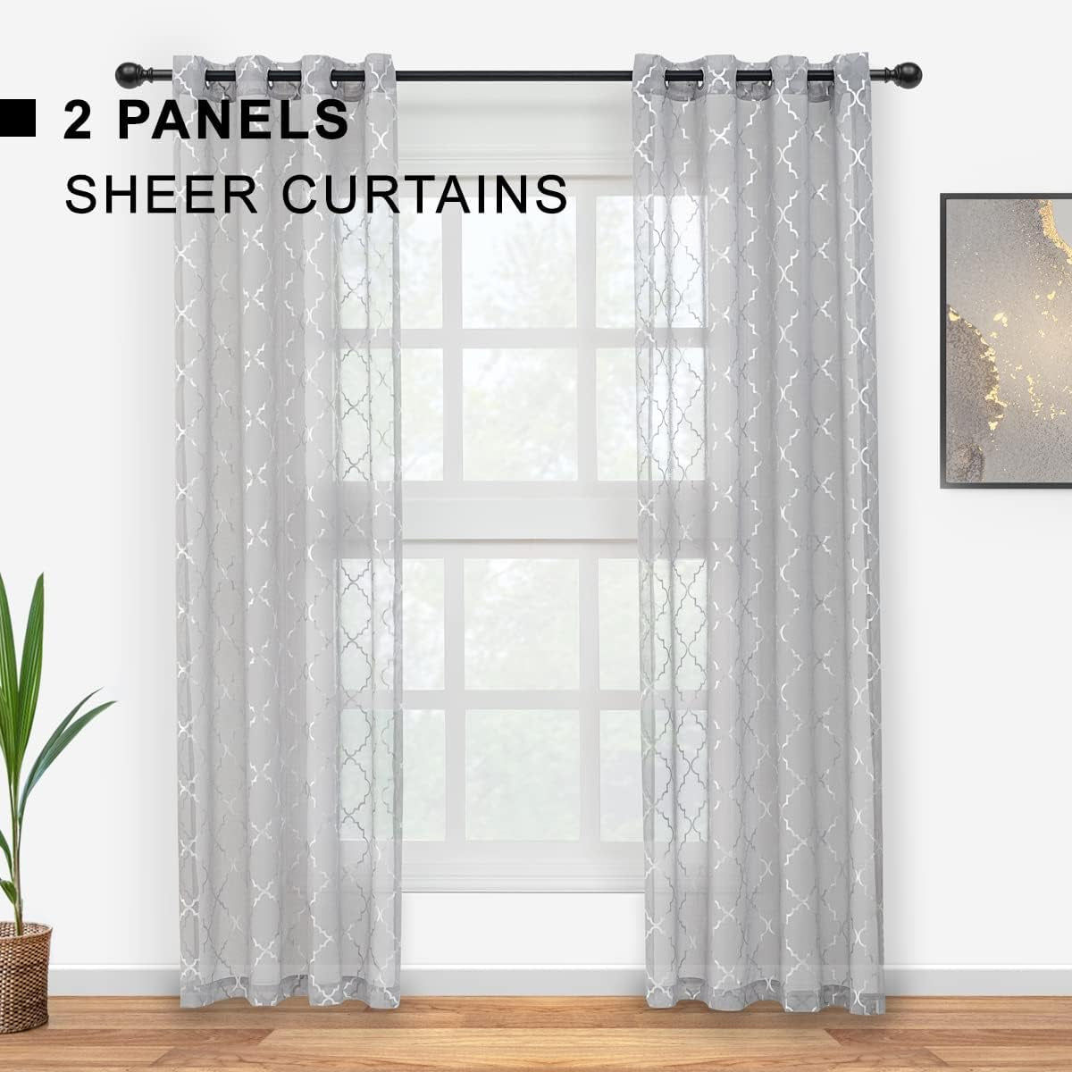 Silver Sheer Curtains 63 Inch Length 2 Panels Metallic Silver Moroccan Pattern Shimmer Sheer Curtains for Bedroom, Grommet Light Filtering Privacy Sprakle Sheer Window Curtains, W52 X L63 Inch