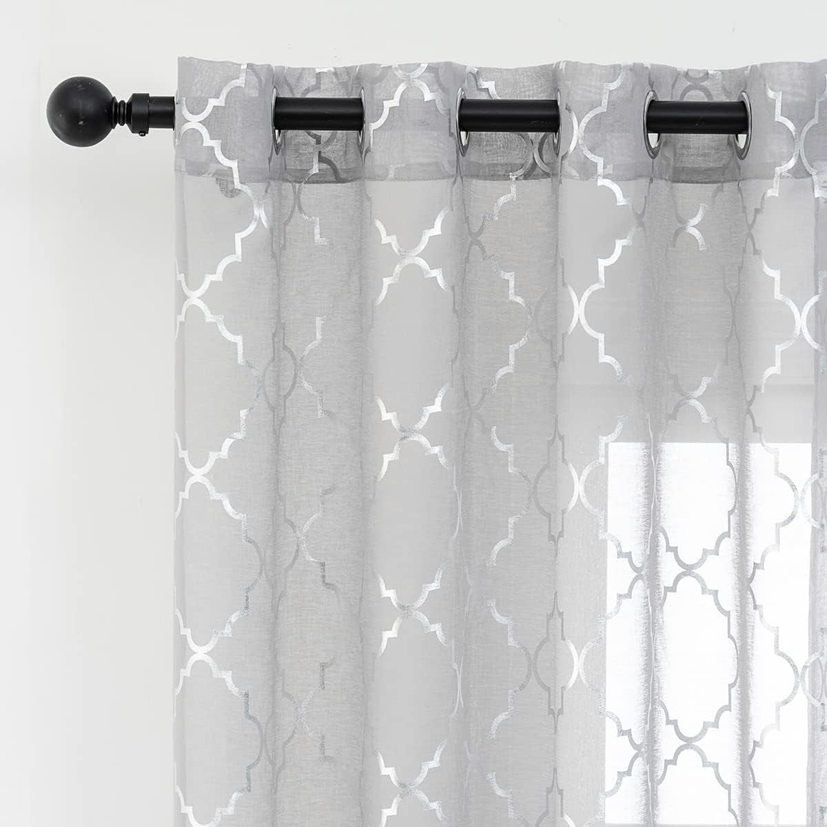 Silver Sheer Curtains 63 Inch Length 2 Panels Metallic Silver Moroccan Pattern Shimmer Sheer Curtains for Bedroom, Grommet Light Filtering Privacy Sprakle Sheer Window Curtains, W52 X L63 Inch