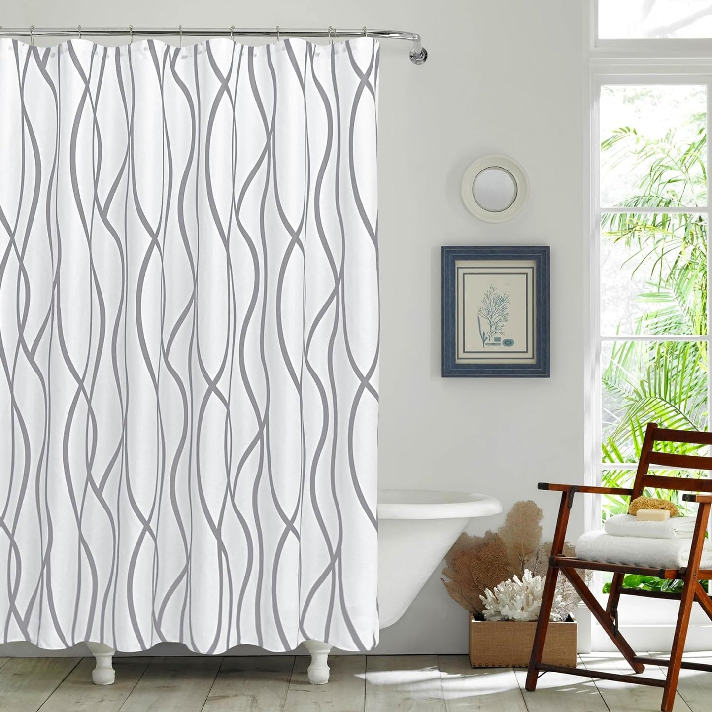 Textured Fabric Shower Curtain 72 Inches by 72 Inches, Silver Grey Striped Printed Linen Modern Hotel Luxury Quality Cloth Bathroom Curtains Machine Washable