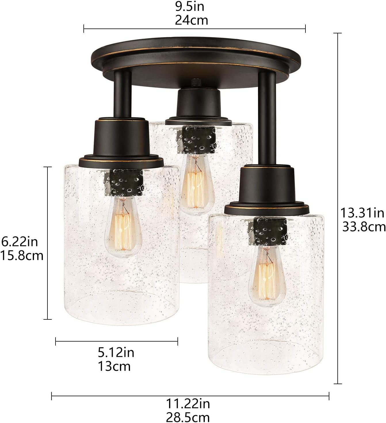 Semi Flush Mount Ceiling Light, 3-Light Close to Ceiling Light Fixtures, Vintage Oil-Rubbed Bronze Finish with Clear Seeded Glass Shade Chandelier Lighting for Stairs Porch Hallway Entryway Kitchen