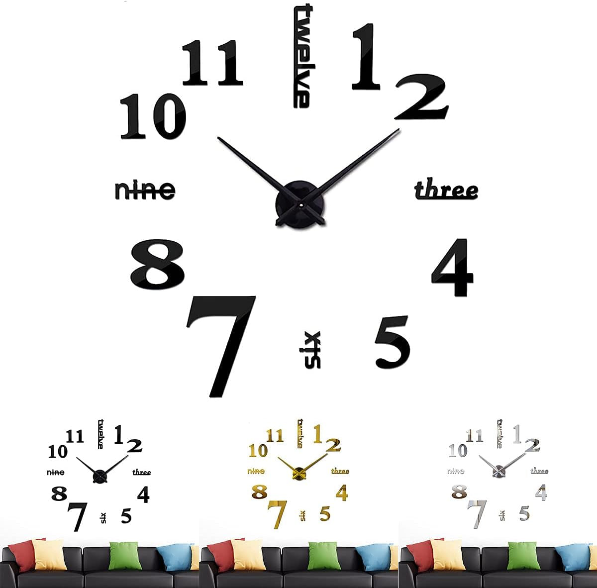 3D DIY Large Wall Clocks for Living Room Decor, Wall Clock Stickers Frameless Mirror Surface Wall Sticker Home Decor Silent Modern Wall Clocks for Bedroom Kitchen Office School Wall Decoration(Silver)