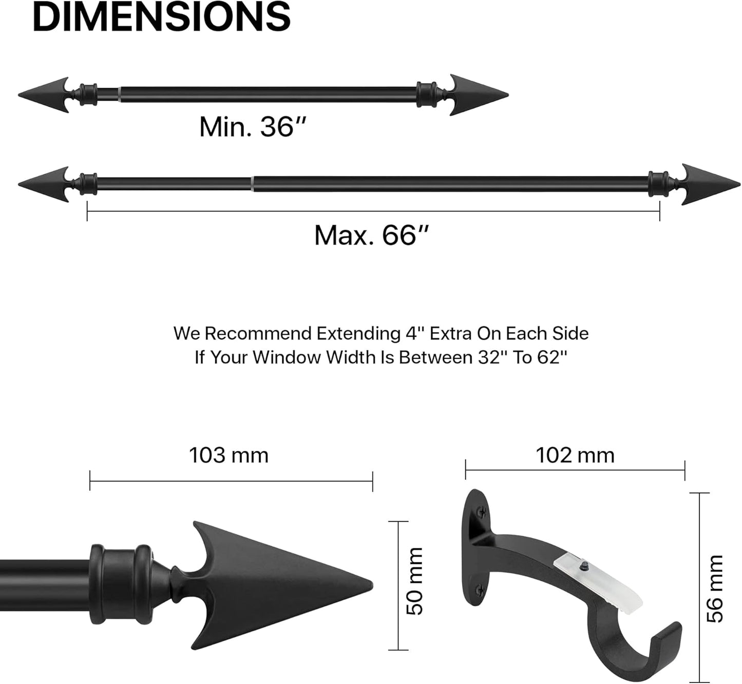 Deco Black Arrow Curtain Rods for Windows & Doors 36 to 66 Inch Adjustable Long Drapery Rods with Flat Arrow Finials & Brackets Set, 3/4 Inch