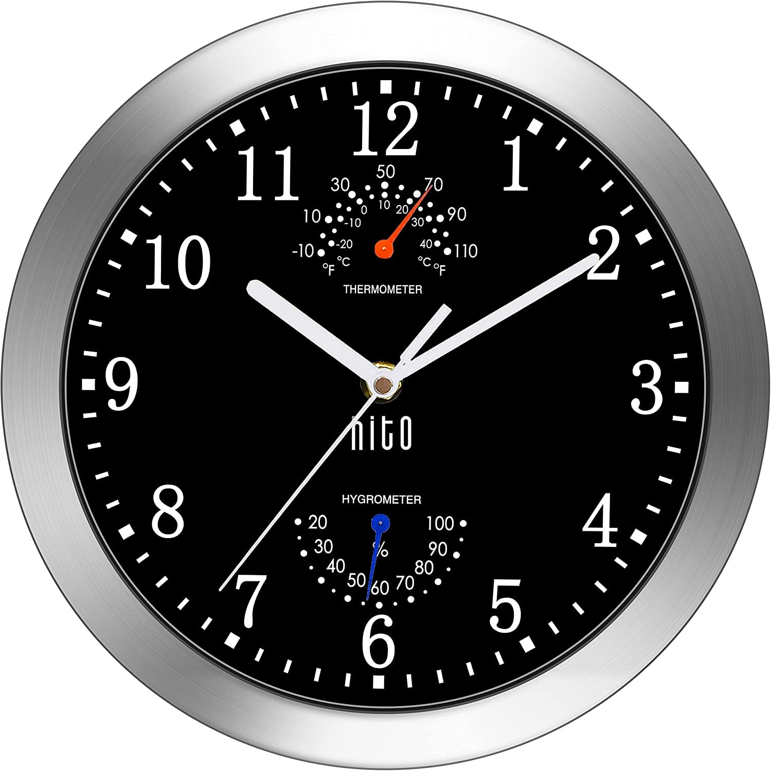 10 Inch Silent Wall Clock Battery Operated Non Ticking Glass Cover Silver Aluminum Frame, for Kitchen, Bedroom, Home Office, Living Room Decor (Black)