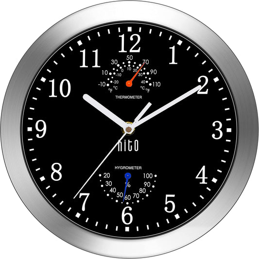 10 Inch Silent Wall Clock Battery Operated Non Ticking Glass Cover Silver Aluminum Frame, for Kitchen, Bedroom, Home Office, Living Room Decor (Black)