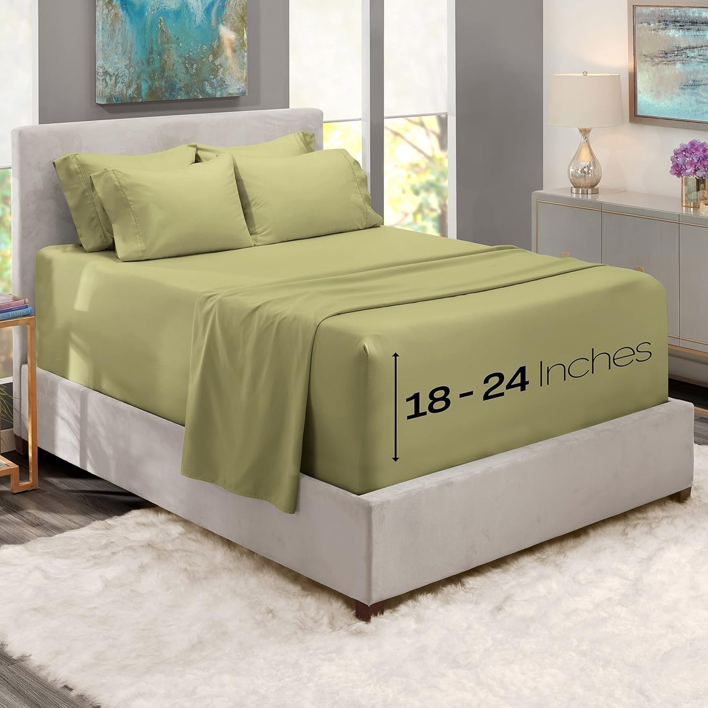 Luxury Soft 6 Piece Bed Sheet Set Extra Deep Pocket Fitted Sheets Fits Mattress up to 21", Double Brushed Bedding, Queen, Sage