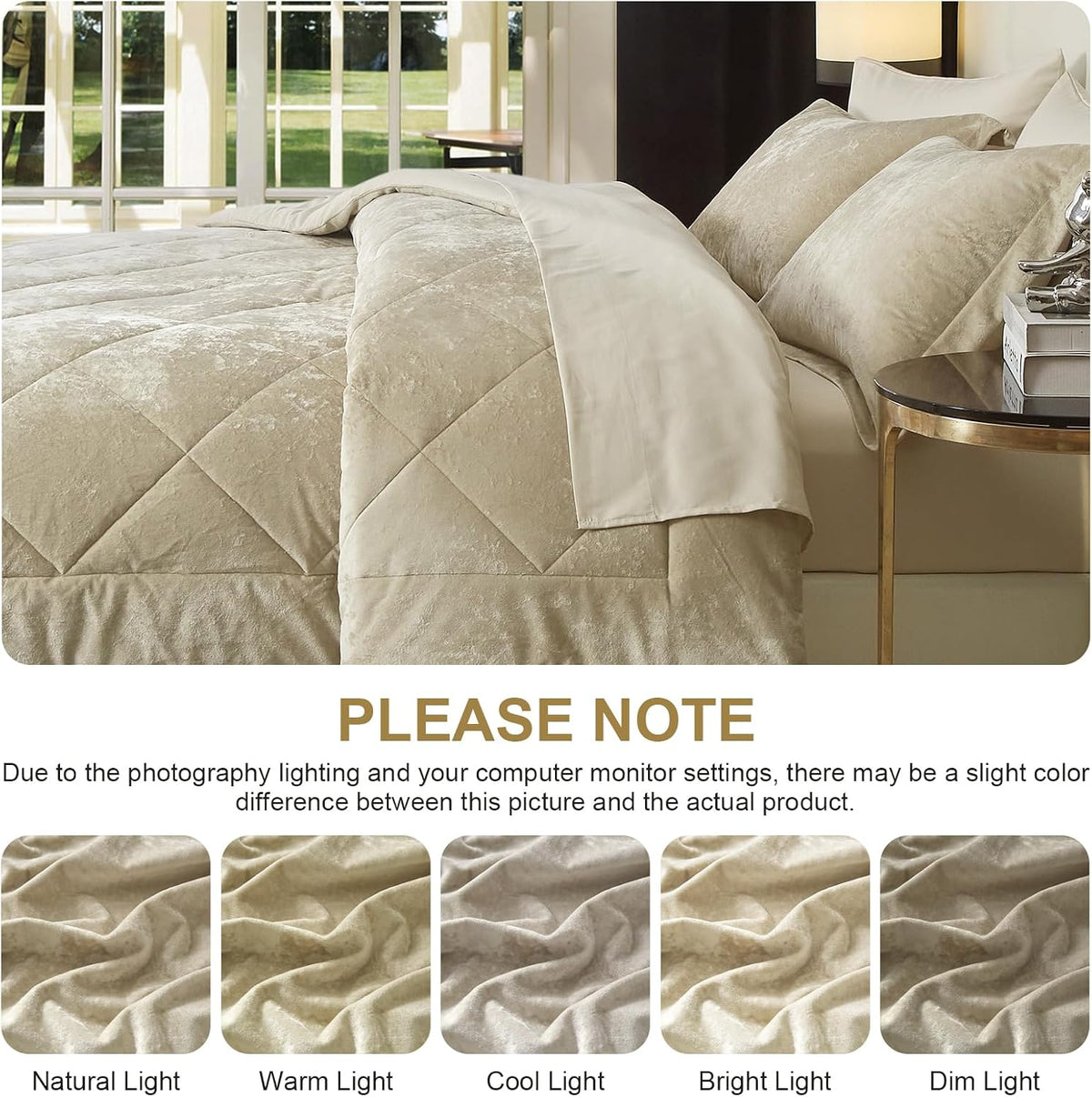 Queen Comforter Set 7 Pieces Bed in a Bag, Beige Velvet Comforter