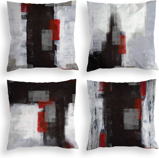 Red and Black Throw Pillow Covers 18X18 Set of 4 Decorative Cushion Cover Grey Abstract Art Painting Pillowcase for Sofa Bedroom Living Room Décor