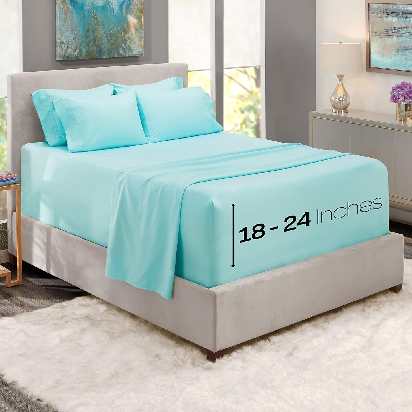 Extra Deep Pocket Sheets - Fits Mattress 18-24 Inches Deep - Extra Deep Pocket Twin Sheets Sets - 4 Piece Twin Size - Twin - Aqua Blue Sheets