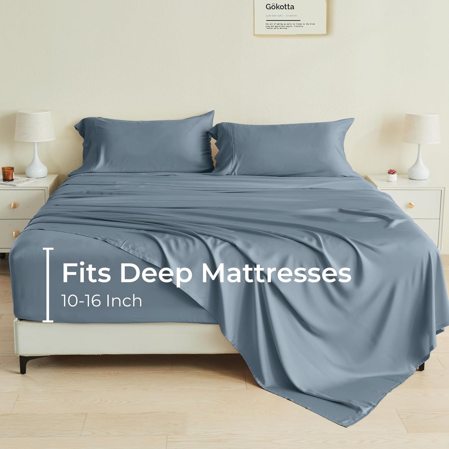 King Size Bed Sheets 4 Piece Set, 100% Rayon Derived from Bamboo, Cooling for Hot Sleepers-Luxury Breathable Soft Sheets, Deep Pocket 16" Fitted Sheet with Elastic Corner Straps, Blue