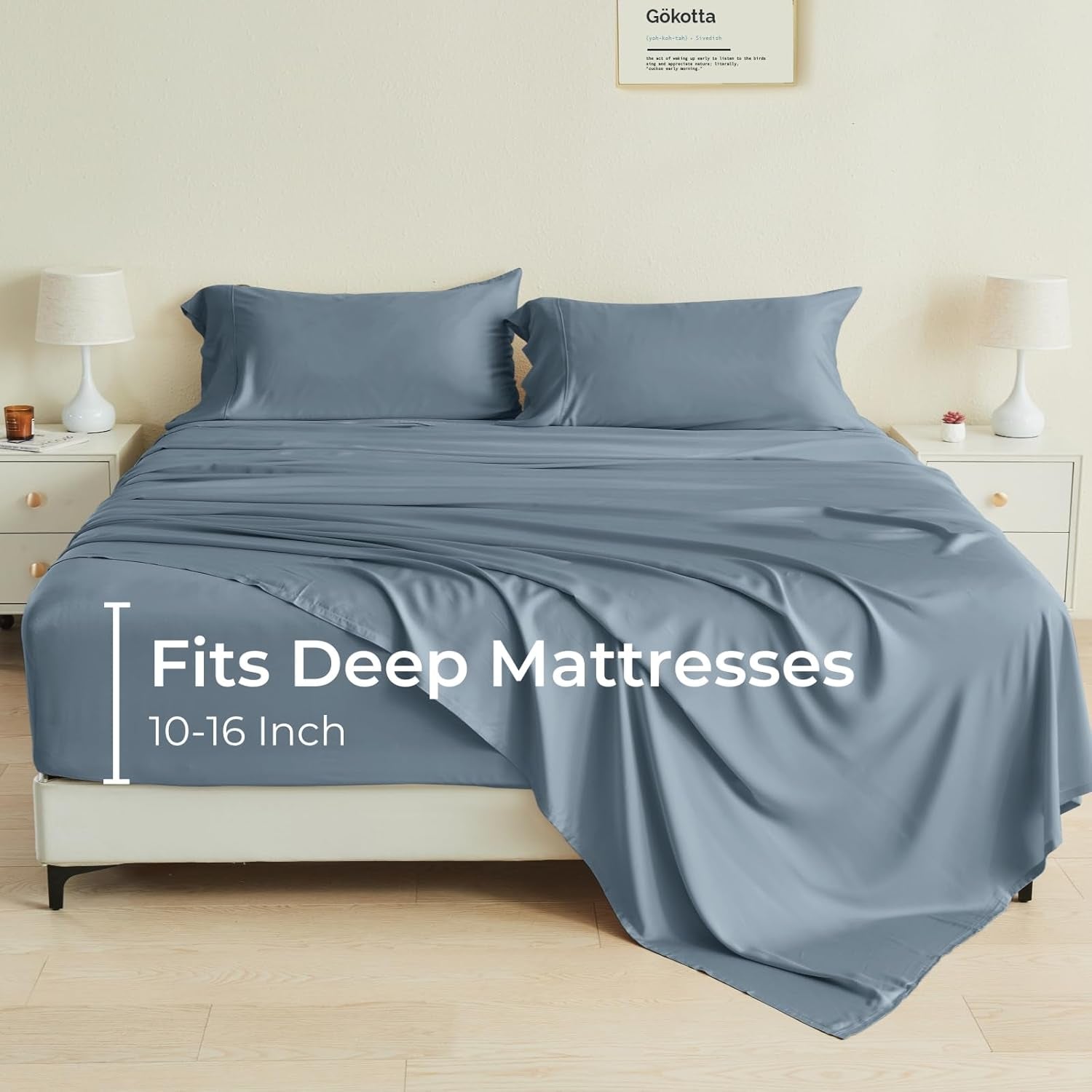 King Size Bed Sheets 4 Piece Set, 100% Rayon Derived from Bamboo, Cooling for Hot Sleepers-Luxury Breathable Soft Sheets, Deep Pocket 16" Fitted Sheet with Elastic Corner Straps, Blue