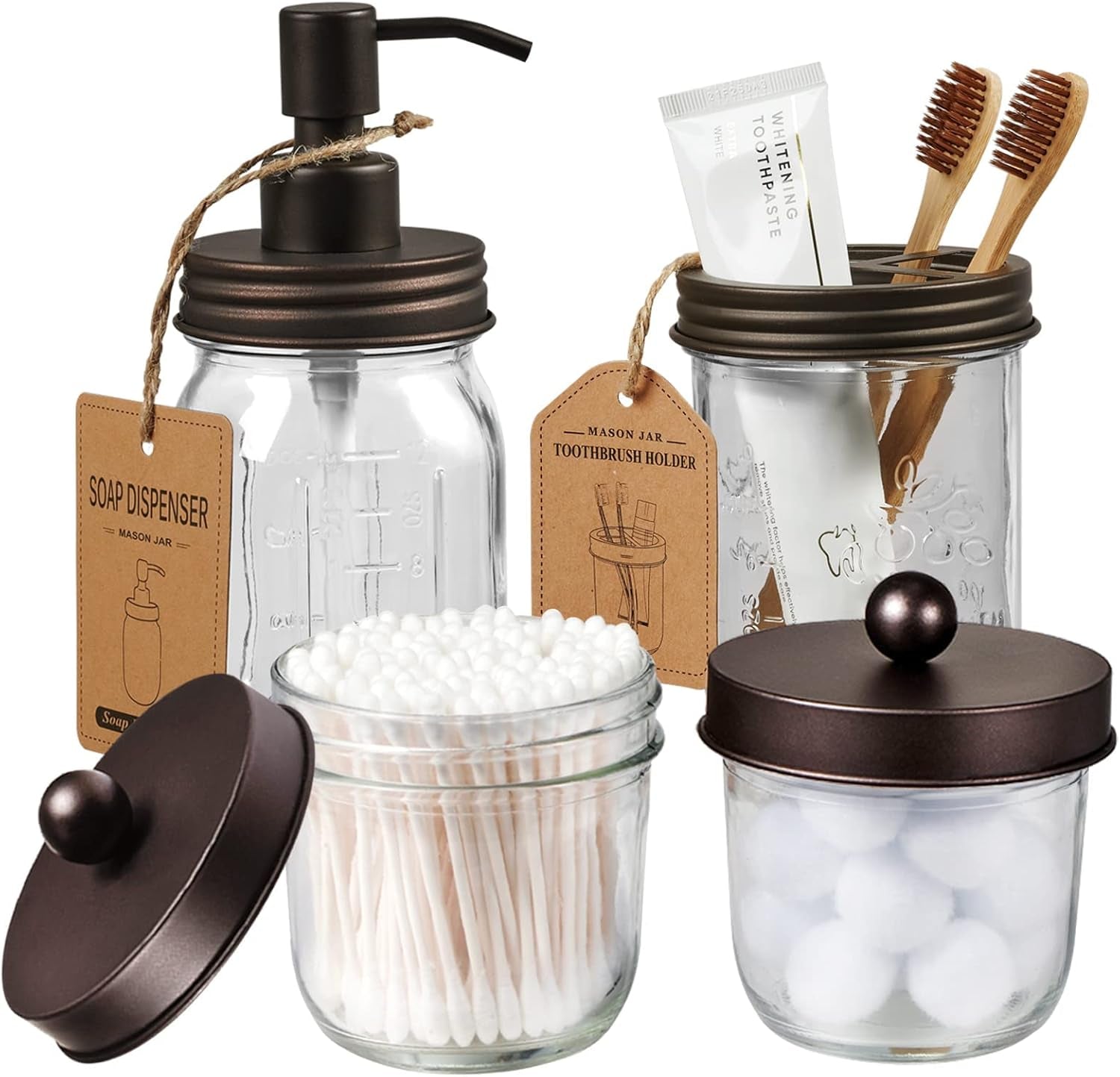 Mason Jar Bathroom Accessories Set(4 Pack) -Bronze-Lotion Soap Dispenser&Qtip Holder Set&Toothbrush Holder-Rustic Farmhouse Decor Apothecary Jar Bathroom Countertop,Vanity Organize (Bronze) | Lotion Soap Dispenser, 2 Qtip Holder Set, Toothbrush Holder, Rustic Farmhouse Bathroom Decor, Countertop Vanity Organizer