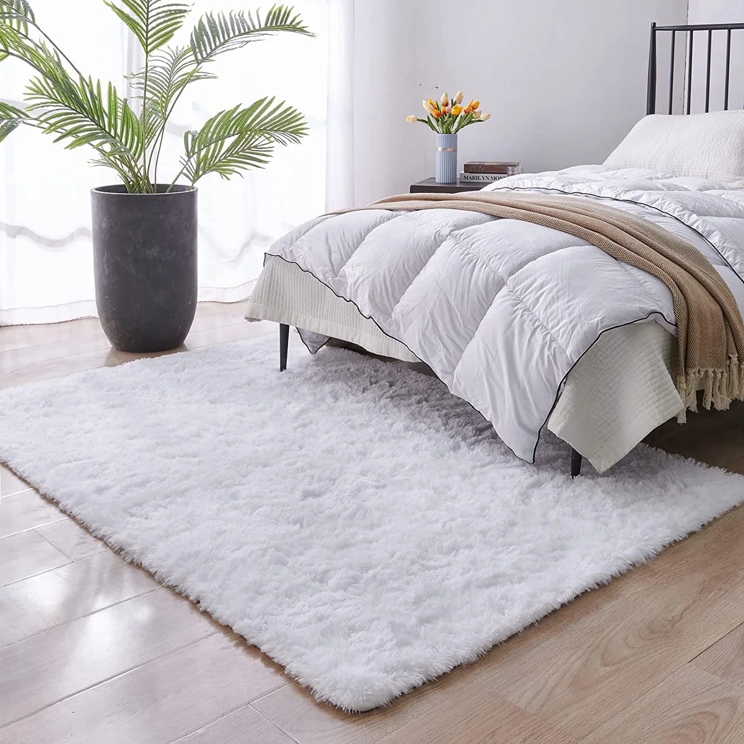 Stylish Soft Shaggy Velvet Carpet for Living Room/Bedroom, Fluffy Area Rugs, 4' X 5.9' , White