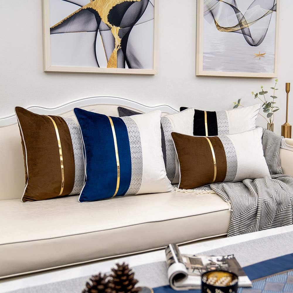 Dark Grey Patchwork Velvet Throw Pillow Cover with Gold Striped Leather Cushion Case Modern Luxury Pillowcase for Sofa Couch Bedroom Living Room Home Decor,18"X18"