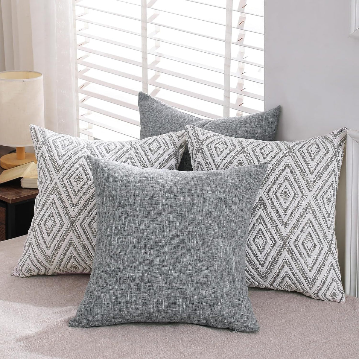 Throw Pillow Covers 18X18, Set of 4, Grey Textured Couch Pillow Covers | Polyester Fabric, Patterned and Solid Designs, Hidden Zippers, Machine Washable, for Sofas and Beds, Inserts Not Included