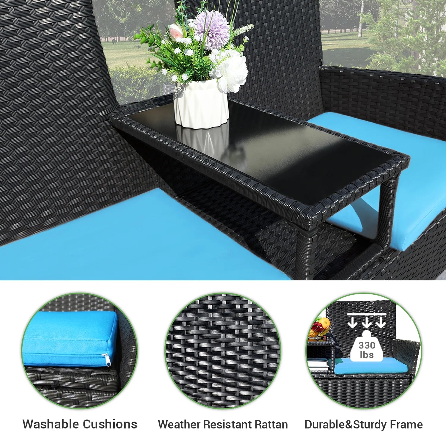 Outdoor Patio Loveseat Rattan Patio Conversation Furniture Set with Coffee Table, Blue