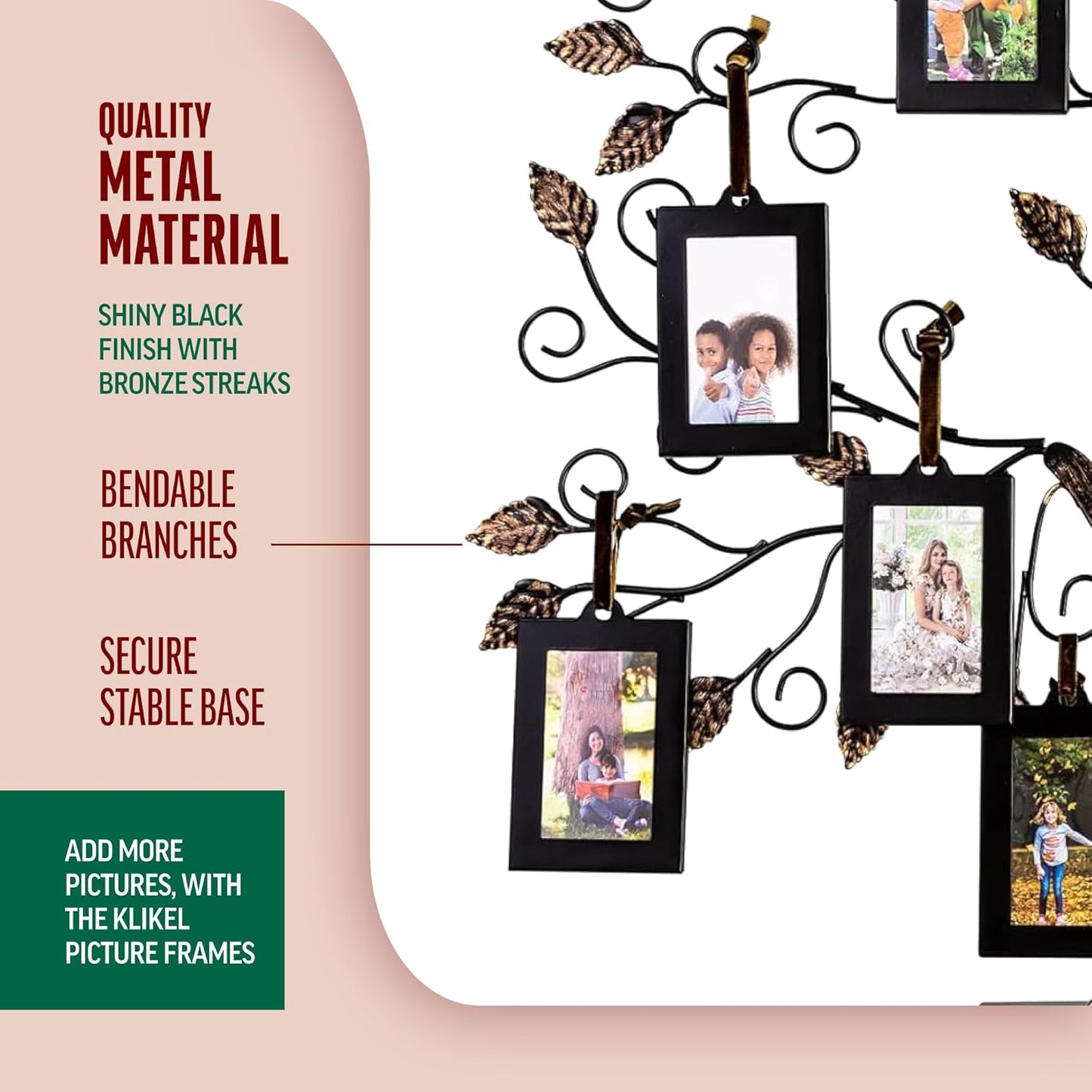 Family Tree Picture Frame Display with 10 Hanging Picture Photo Frames | Large 20 X 18 Metal Tree | 10 Ornamental 2X3 Frames