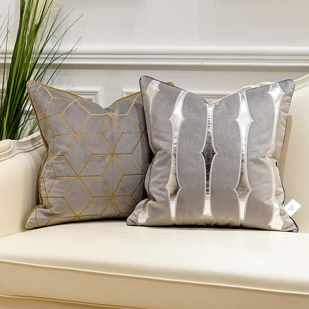 20 X 20 Inches Grey Gold Plaid Cushion Case Luxury European Throw Pillow Cover Decorative Pillow for Couch Living Room Bedroom Car