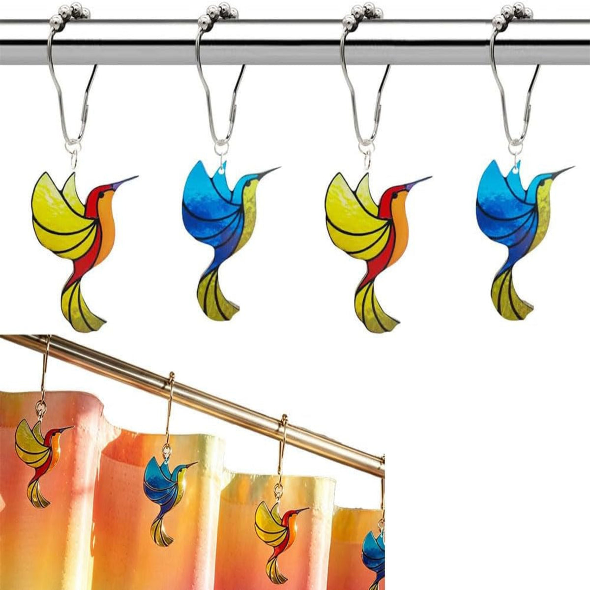 12Pcs Hummingbird Shower Curtain Hooks, Rust-Resistant Shower Ring