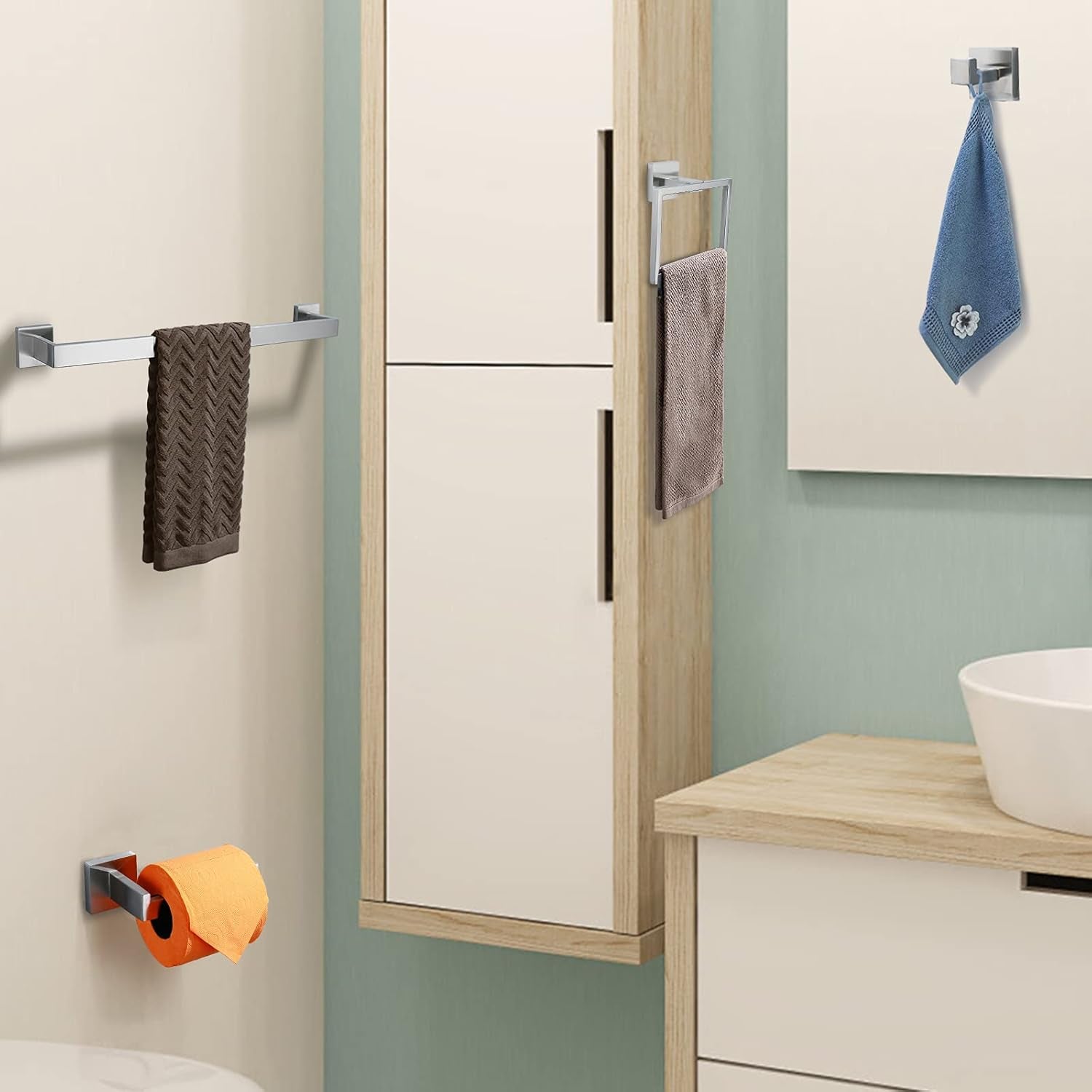 Brushed 4-Piece Bathroom Hardware Set Premium Stainless Steel Bath Towel Bar Sets Wall Mounted Square Bathroom Accessories Kit, 23.6 Inch Brushed Nickel