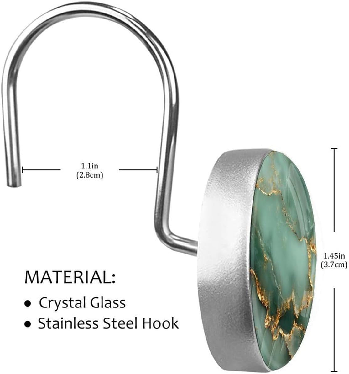 Shower Curtain Hooks Decorative,Marble Curtain Hooks Rust Proof, Set of 12 Shower Hooks for Curtain Rustproof Decorative Shower Rings for Bathroom