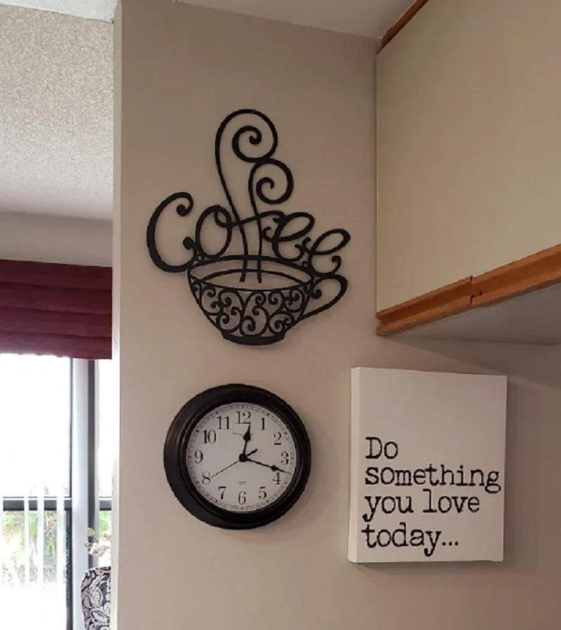 Coffee Signs - Coffee Cup Metal Wall Decor - Black Scrolled Mug for Home, Coffee Shop, Kitchen