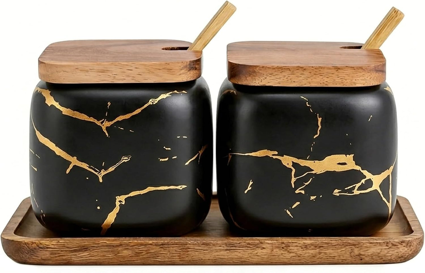 Sets of 2 Marble Ceramic Seasoning Jars Ceramic Sugar Salt Bowl Condiment Pots with Wooden Lids,Wooden Spoon and Wooden Tray (Black)
