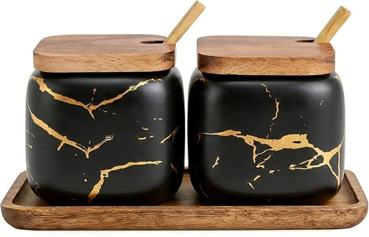 Sets of 2 Marble Ceramic Seasoning Jars Ceramic Sugar Salt Bowl Condiment Pots with Wooden Lids,Wooden Spoon and Wooden Tray (Black)