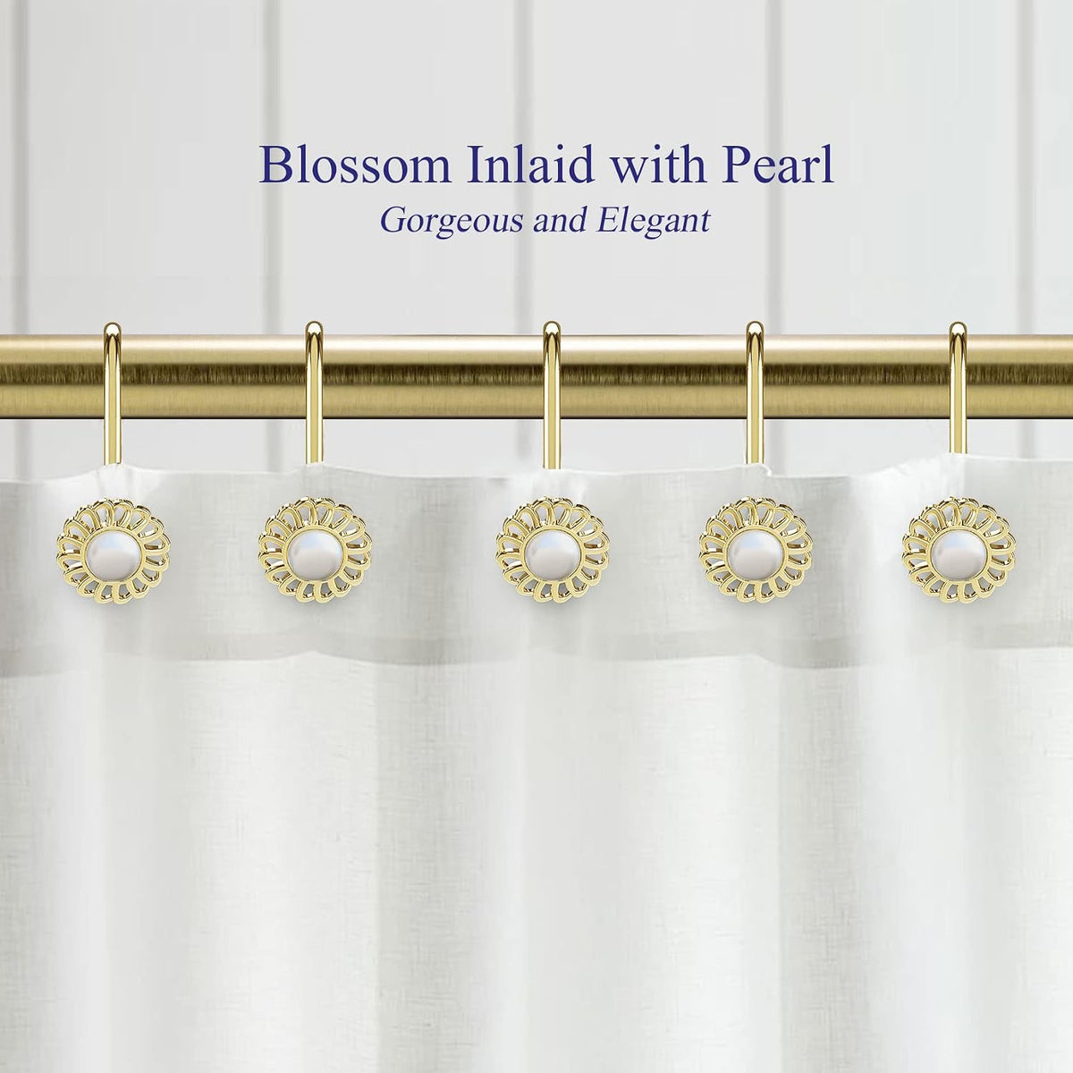 Gold Shower Curtain Hooks Rings, Decorative Shower Curtain Hangers, Heavy Duty Metal Shower Rings, Sunflower Shower Hooks for Shower Curtain Rod and Liner, Bathroom Curtain Hooks, Luxury Gold,