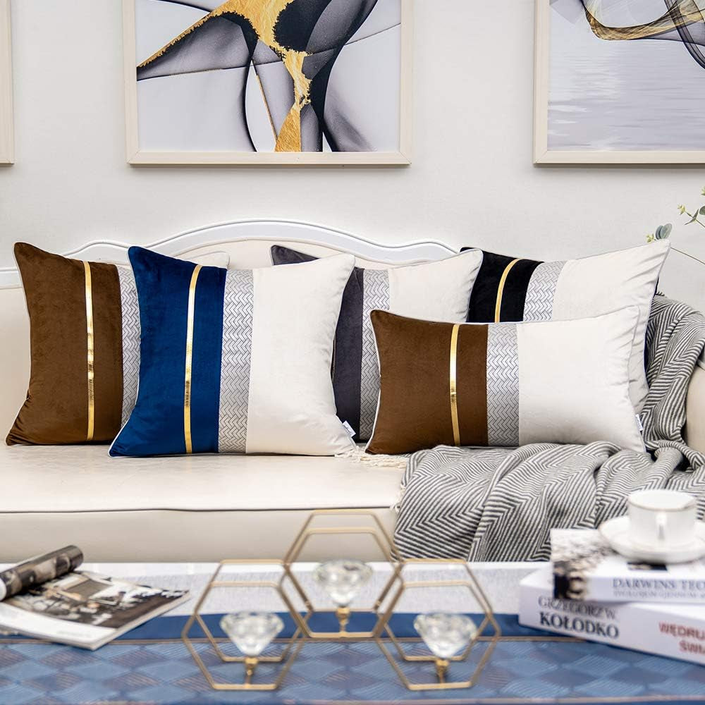 Dark Grey Patchwork Velvet Throw Pillow Cover with Gold Striped Leather Cushion Case Modern Luxury Pillowcase for Sofa Couch Bedroom Living Room Home Decor,18"X18"