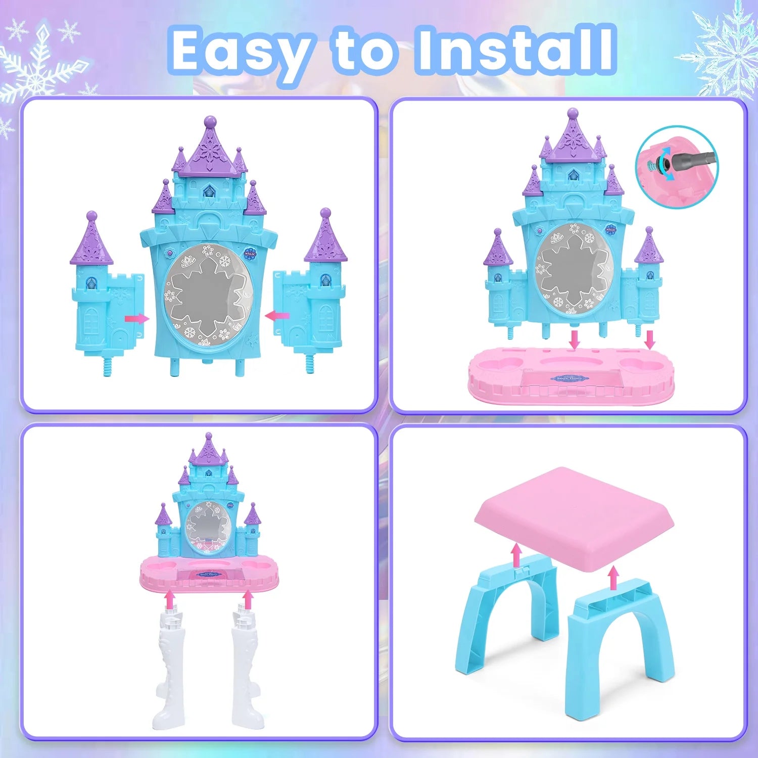 Toddler Makeup Table with Mirror and Chair, Kids Makeup Vanity Set with Accessories and Lights and Music Sounds, Makeup Accessories & Blowdryer for Toddlers 2-5 Years Old